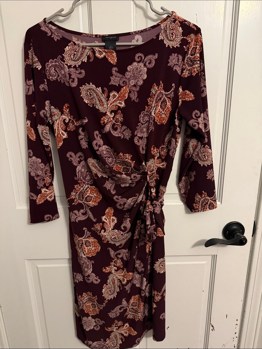 Ann Taylor Burgundy Paisley Tie-Waist Long Sleeve Dress